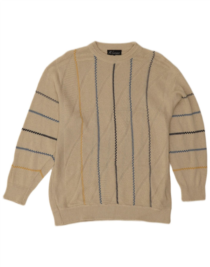Suéter vintage masculino com gola redonda, grande listrado bege