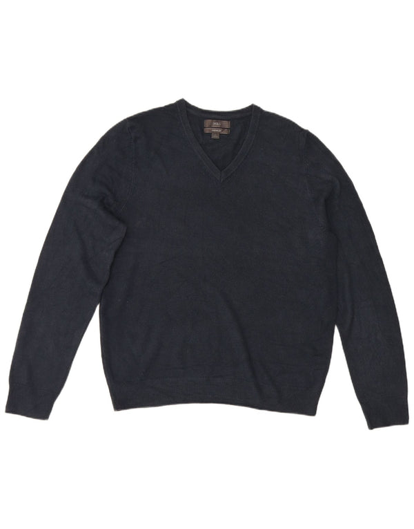Suéter masculino Marks & Spencer com decote em V grande acrílico azul marinho