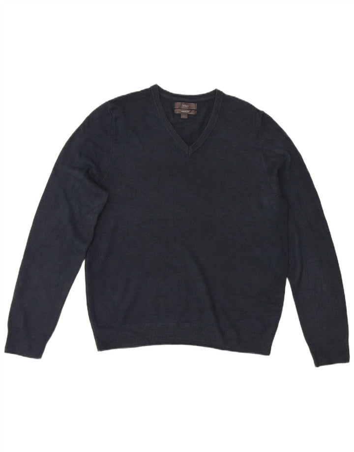 Suéter masculino Marks & Spencer com decote em V grande acrílico azul marinho