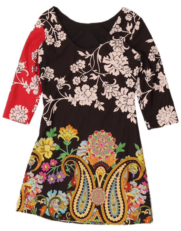 Vestido feminino Desigual manga 3/4 linha A UE 36 pequeno preto floral poliéster