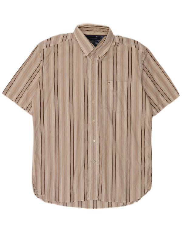 Camisa masculina de manga curta Tommy Hilfiger grande algodão listrado bege