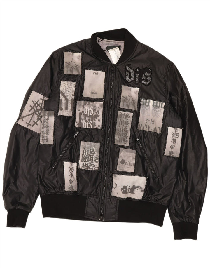 Jaqueta masculina vintage Bomber Graphic encerada Reino Unido 38 patchwork preto médio