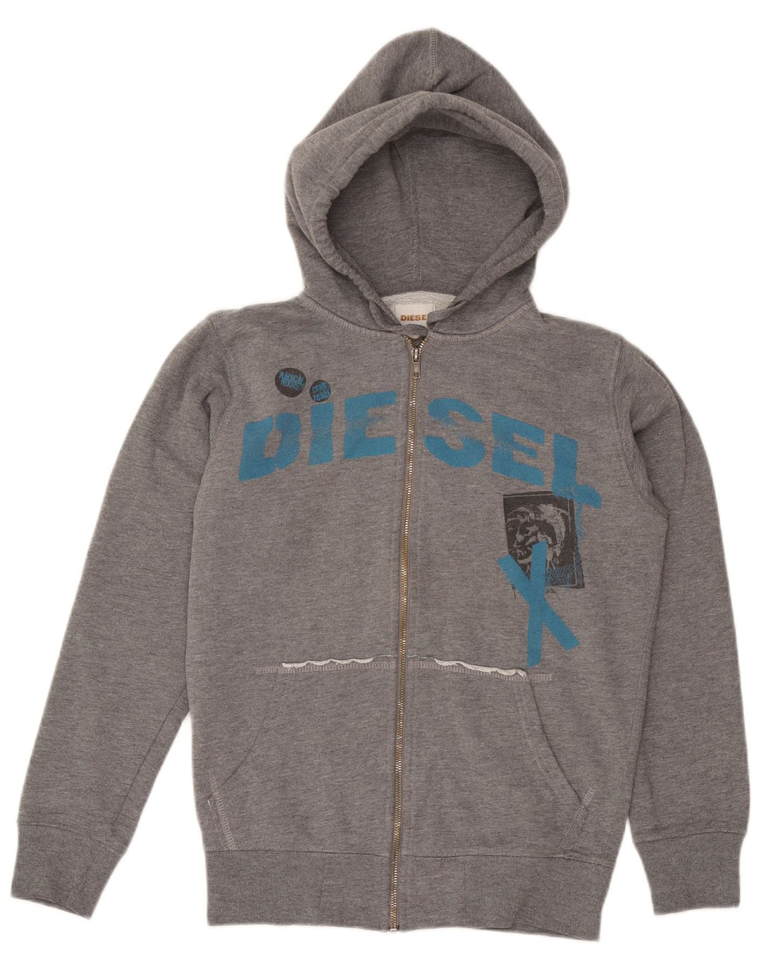 DIESEL Suéter masculino com capuz e zíper gráfico pequeno algodão cinza