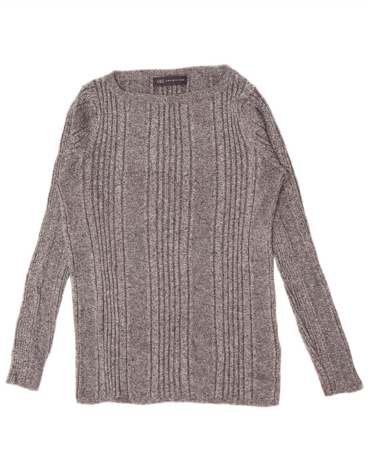 Top feminino Marks & Spencer manga comprida UK 14 viscose listrada cinza médio