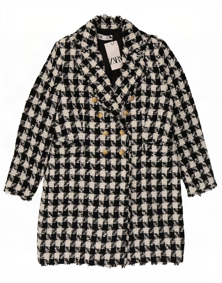 Casaco feminino Zara com peito duplo UK 18 XL preto houndstooth poliéster