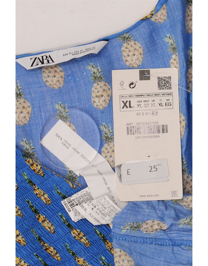 Blusa feminina Zara com padrão abstrato manga 3/4 UK 18 XL azul viscose