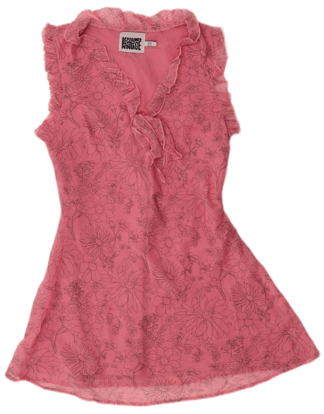 Vestido feminino vintage sem mangas evasê UK 10 pequeno poliéster floral rosa