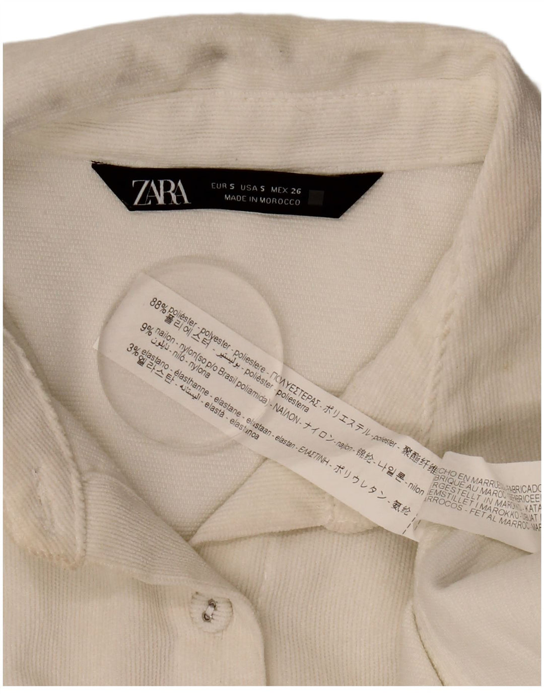 Camisa feminina de veludo cotelê Zara UK 10 pequena poliéster branco