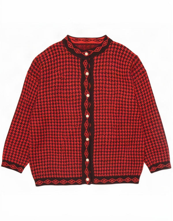 Suéter cardigã feminino vintage Reino Unido 18 XL vermelho Houndstooth acrílico
