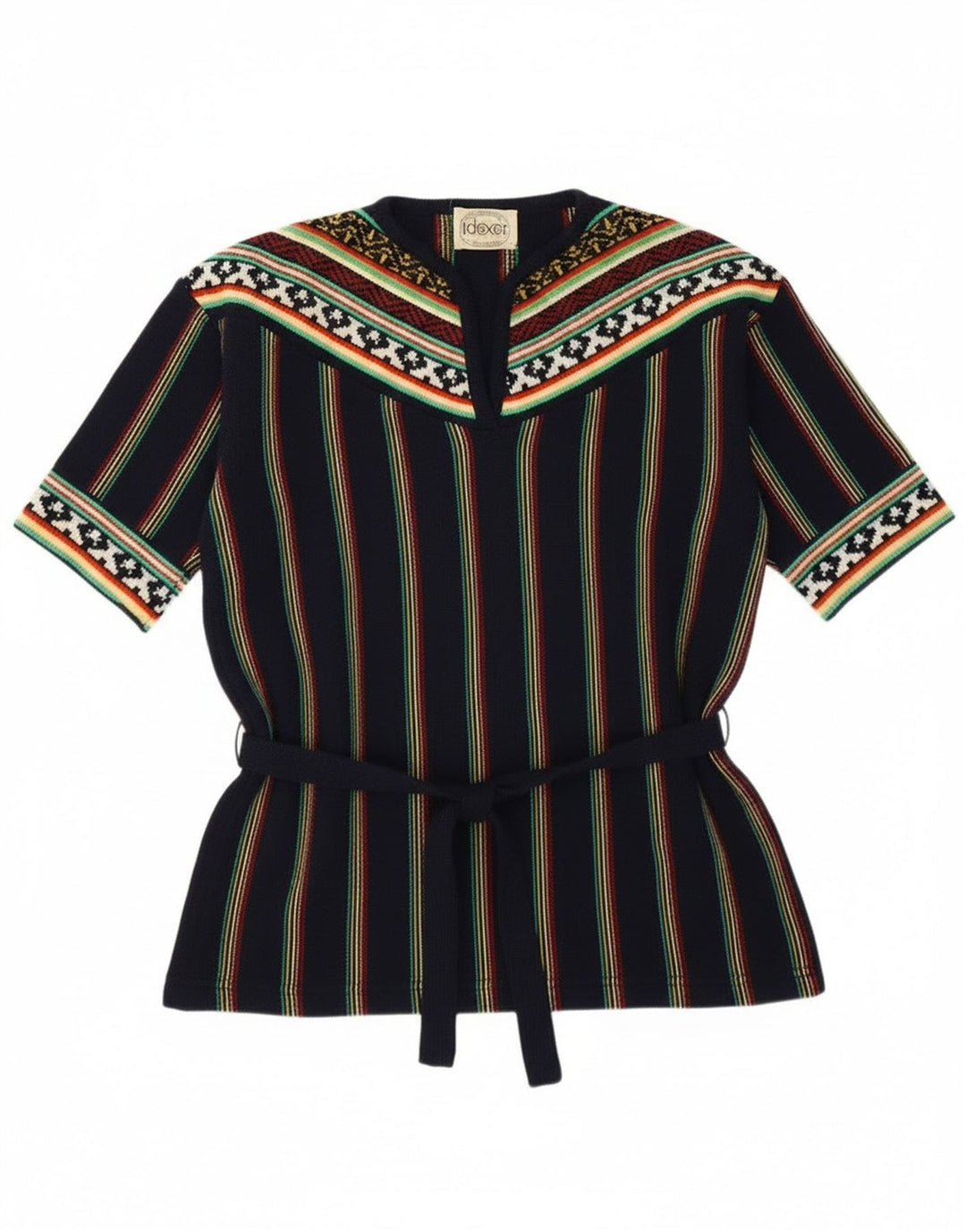 Suéter feminino vintage com decote em V Reino Unido 12 médio azul marinho listrado retrô