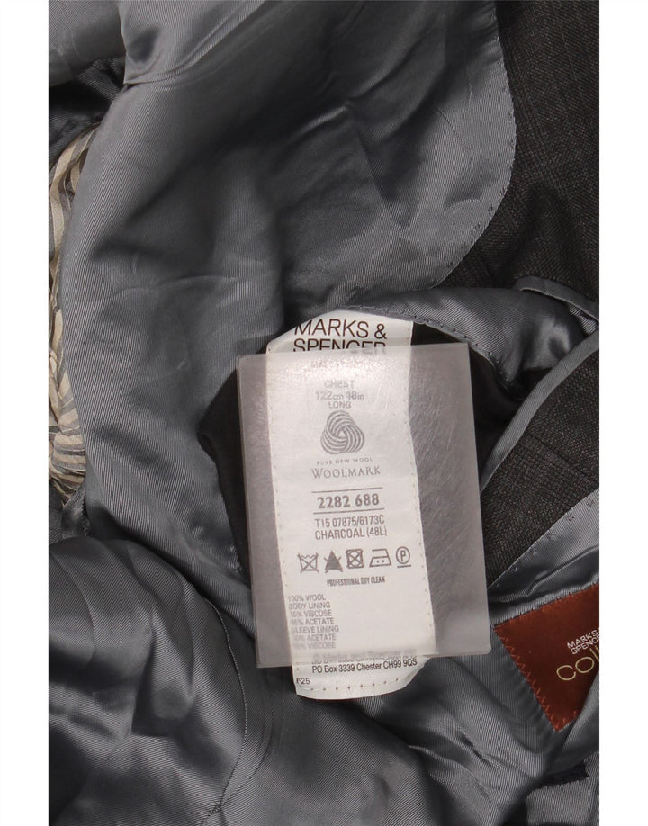 Jaqueta blazer masculina longa de 3 botões Marks & Spencer Reino Unido 48 2XL cinza xadrez