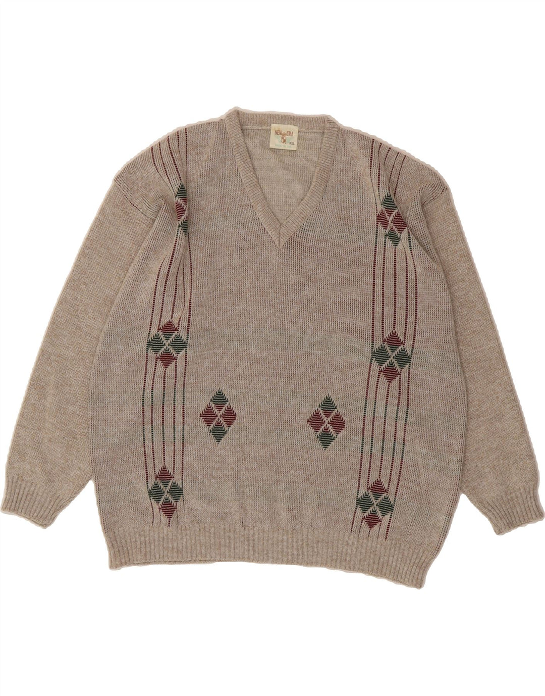 NEW ERA Mens V-Neck Jumper Sweater 2XL Grey Argyle/Diamond Acrylic Vintage New Era and Second-Hand New Era from Messina Hembry 