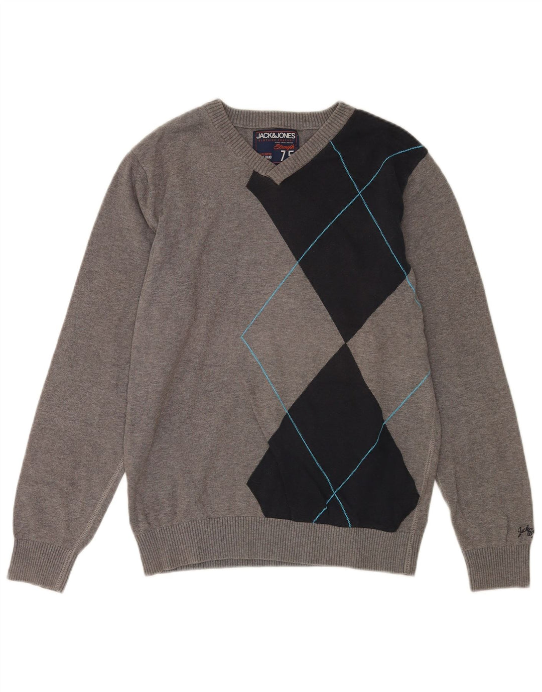Suéter masculino Jack & Jones com decote em V, algodão colorblock cinza médio