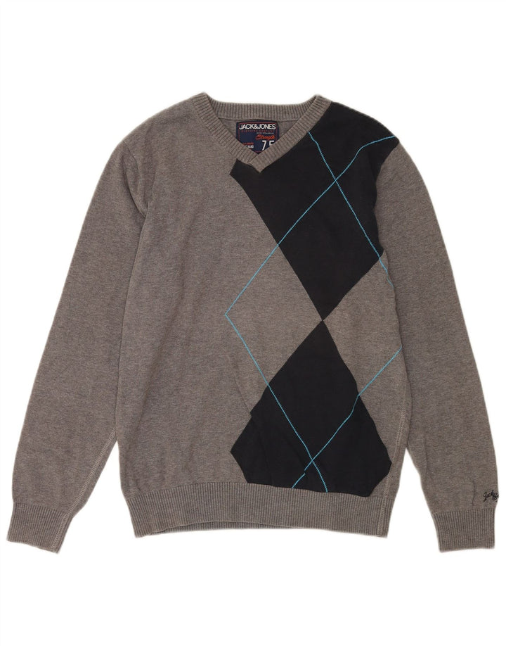 Suéter masculino Jack & Jones com decote em V, algodão colorblock cinza médio