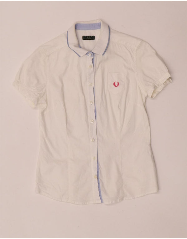 Camisa feminina Fred Perry manga curta regular fit Reino Unido 12 algodão branco médio