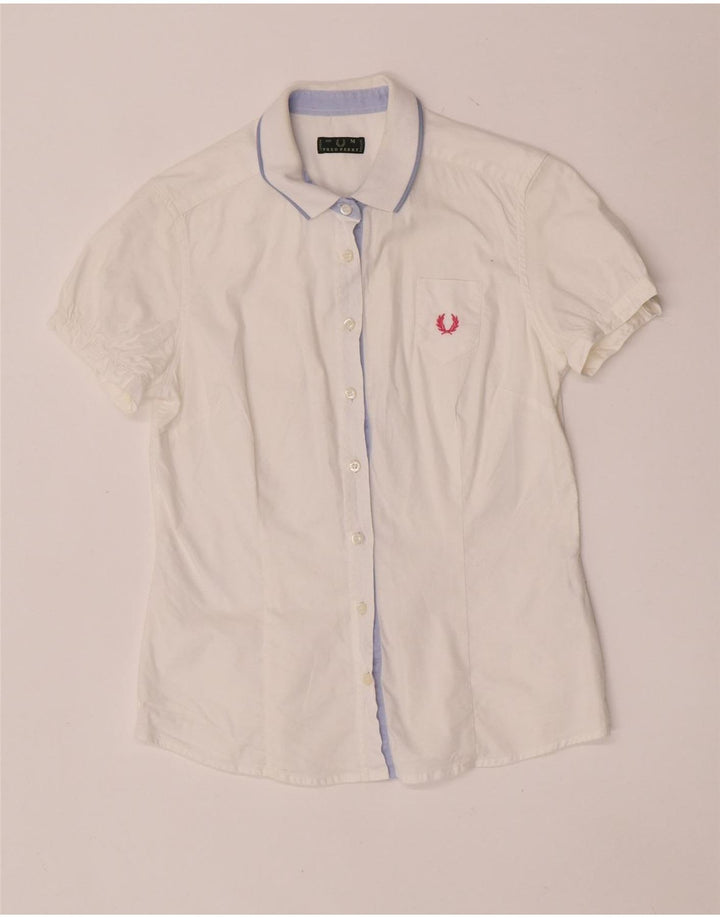 Camisa feminina Fred Perry manga curta regular fit Reino Unido 12 algodão branco médio