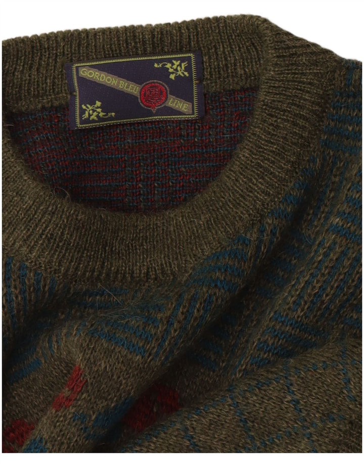 Suéter vintage masculino com gola redonda, médio cáqui floral