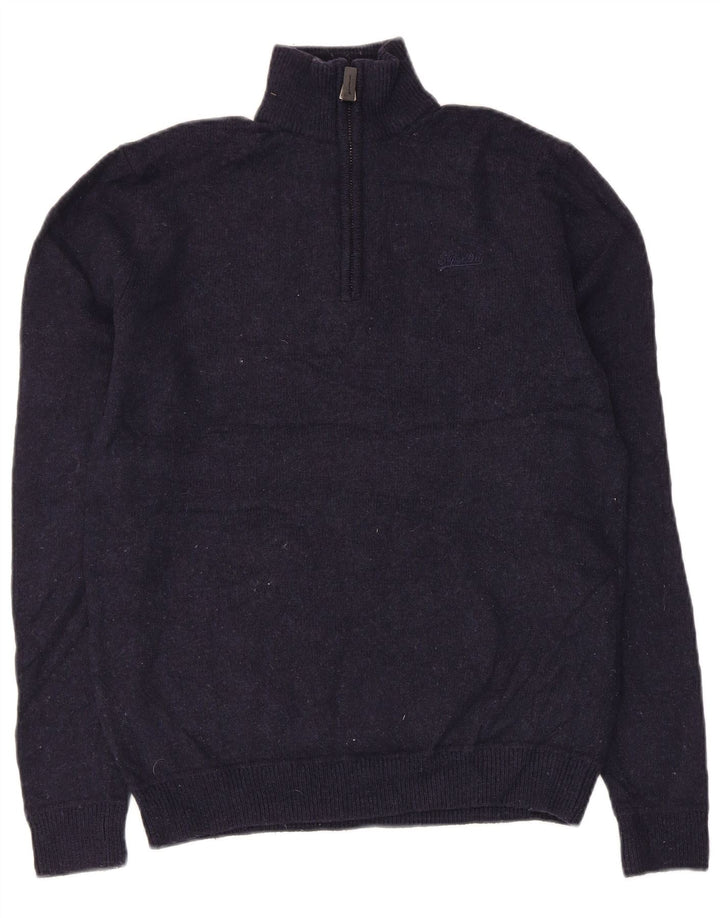 Suéter feminino Superdry com gola e zíper Reino Unido 14 lã azul marinho médio