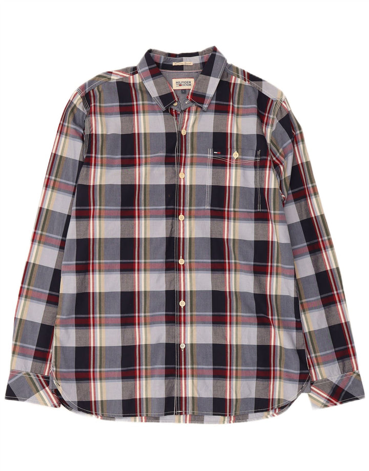 Camisa masculina Tommy Hilfiger grande algodão xadrez azul marinho