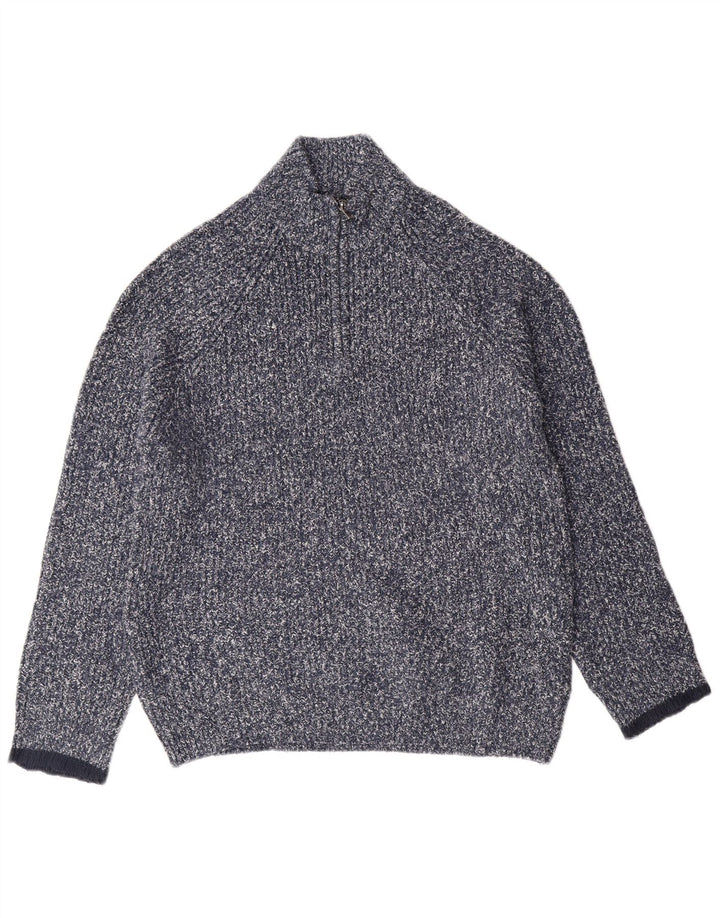Suéter masculino MARKS & SPENCER com zíper e gola grande clássico azul manchado