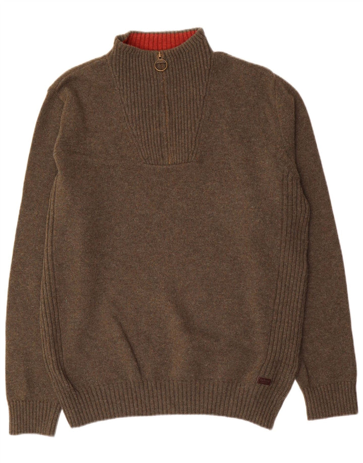Suéter masculino Barbour com zíper e gola grande de lã cáqui