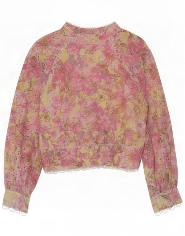 Blusa feminina vintage de manga comprida UK 12 floral multicolorido médio