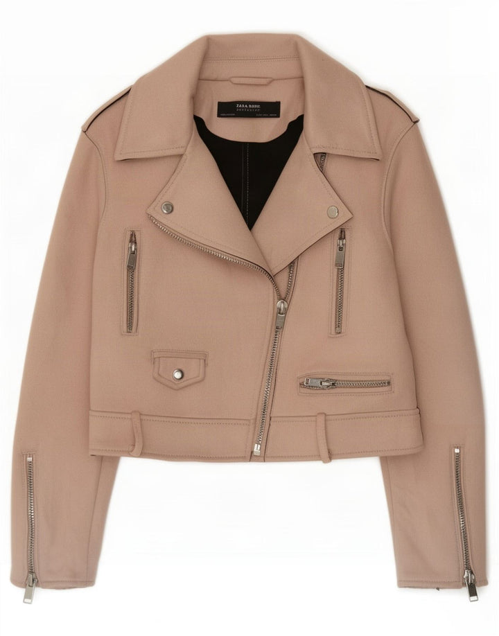Zara Womens Crop Biker Jacket UK 14 Grande Poliéster Rosa