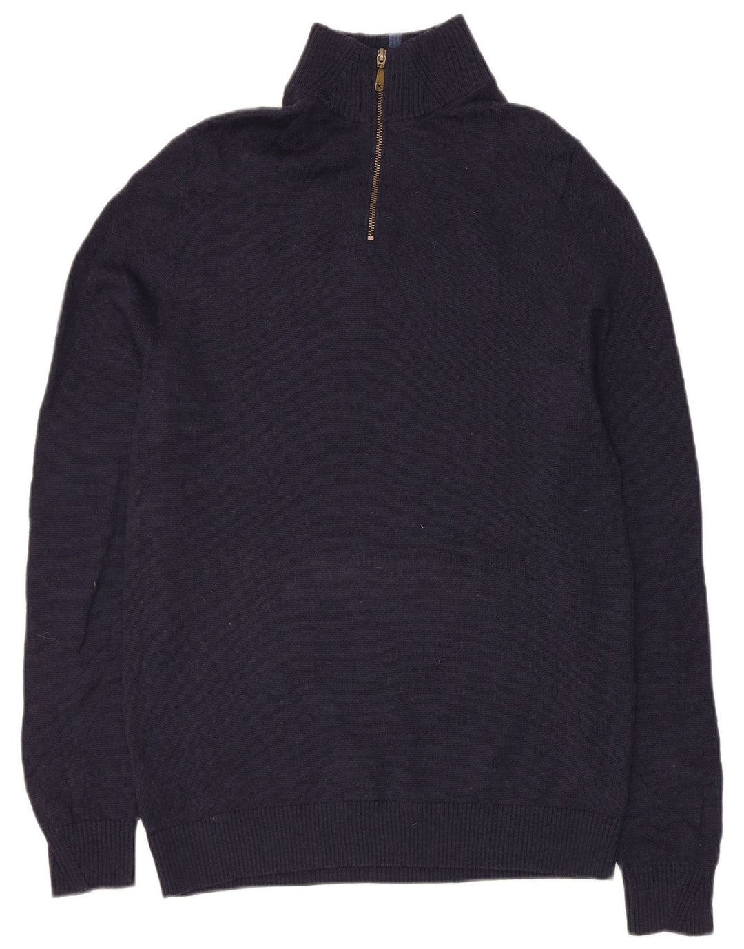 Suéter masculino branco com zíper e gola em lã Merino azul marinho médio