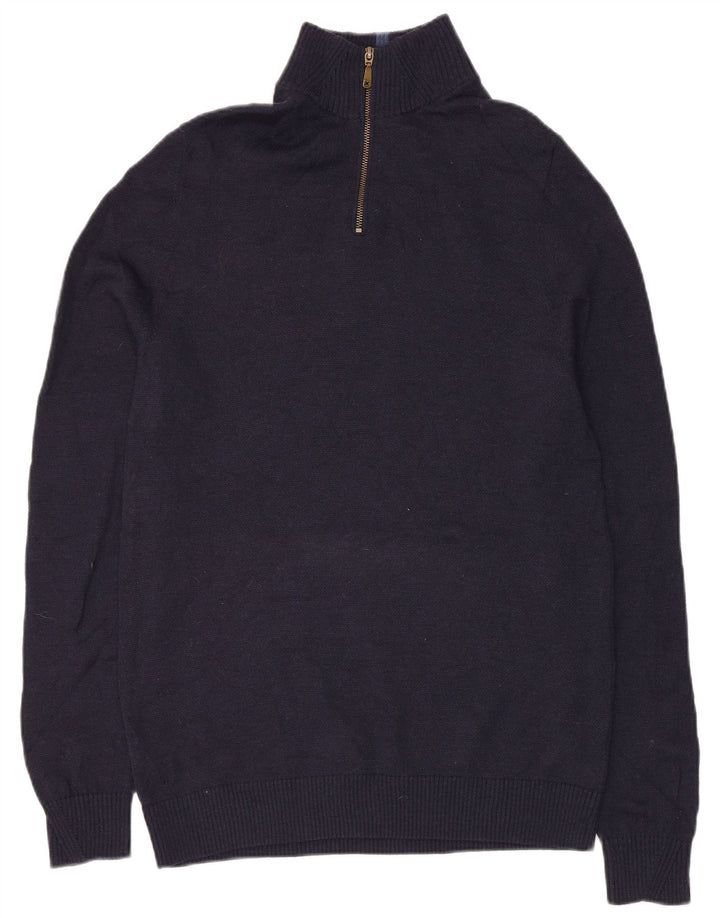 Suéter masculino branco com zíper e gola em lã Merino azul marinho médio