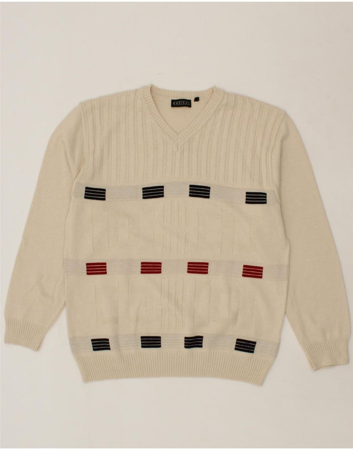 BARISAL Mens V-Neck Jumper Sweater IT 50 Medium Beige Striped Cotton Vintage Barisal and Second-Hand Barisal from Messina Hembry 