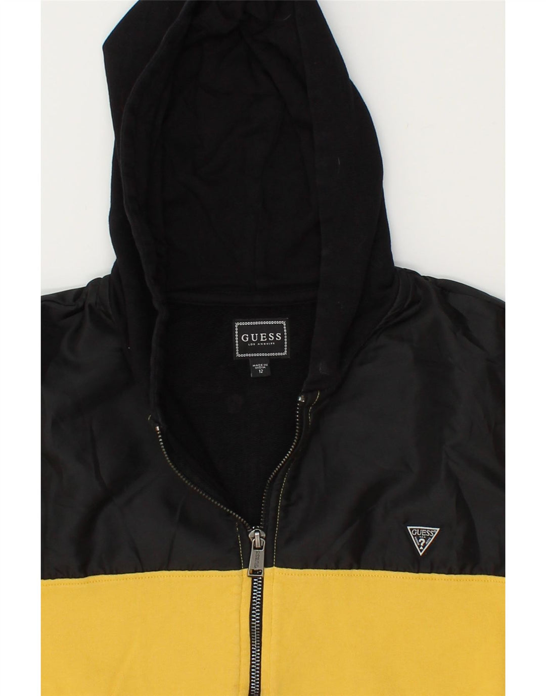GUESS Boys Zip Hoodie Sweater 11-12 Years Yellow Colourblock Cotton Vintage Guess and Second-Hand Guess from Messina Hembry 