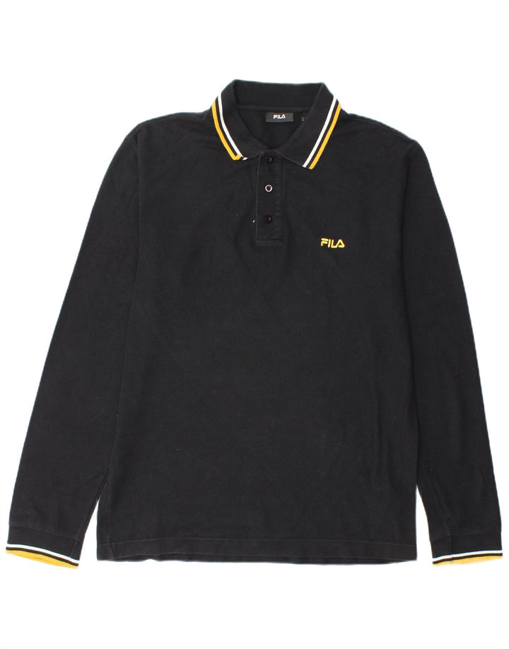 Camisa polo masculina Fila de manga comprida de algodão preto médio