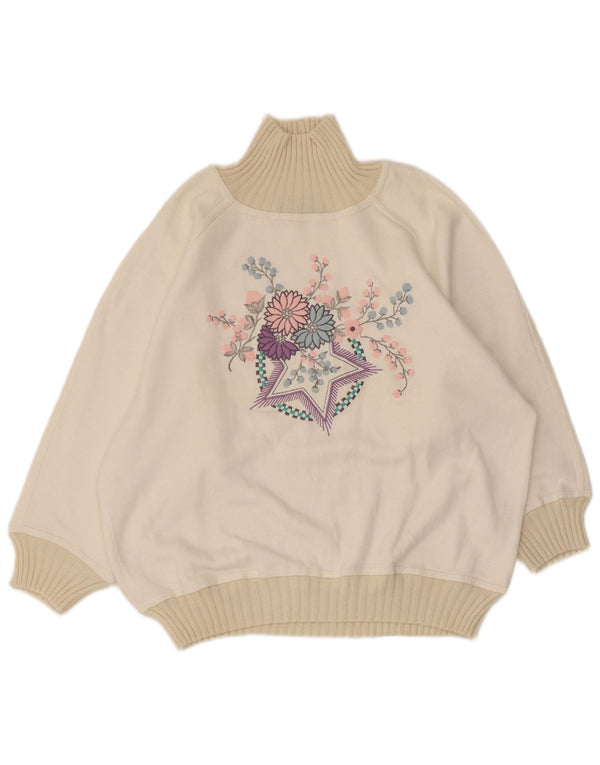 Suéter gráfico feminino vintage UK 14 médio off white floral