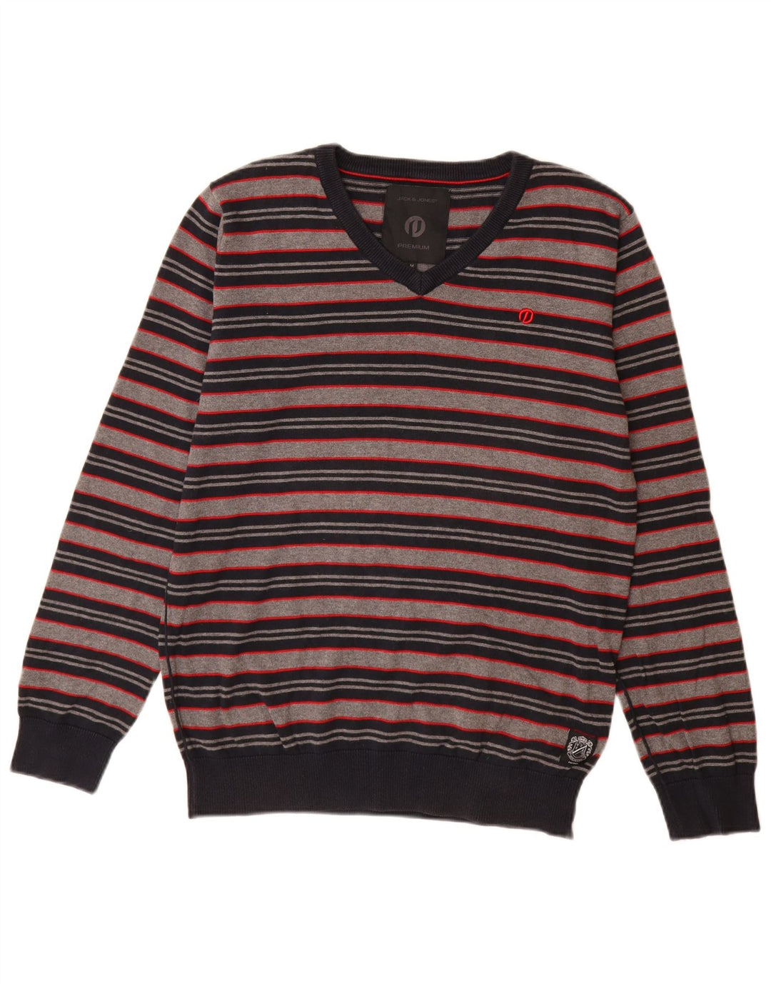 Suéter masculino Jack & Jones com gola V e algodão listrado cinza médio