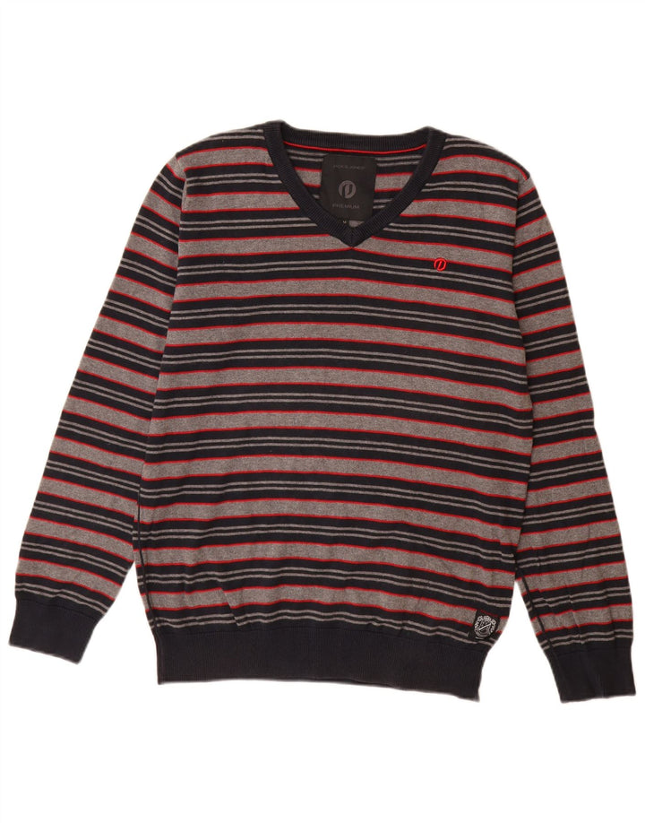 Suéter masculino Jack & Jones com gola V e algodão listrado cinza médio