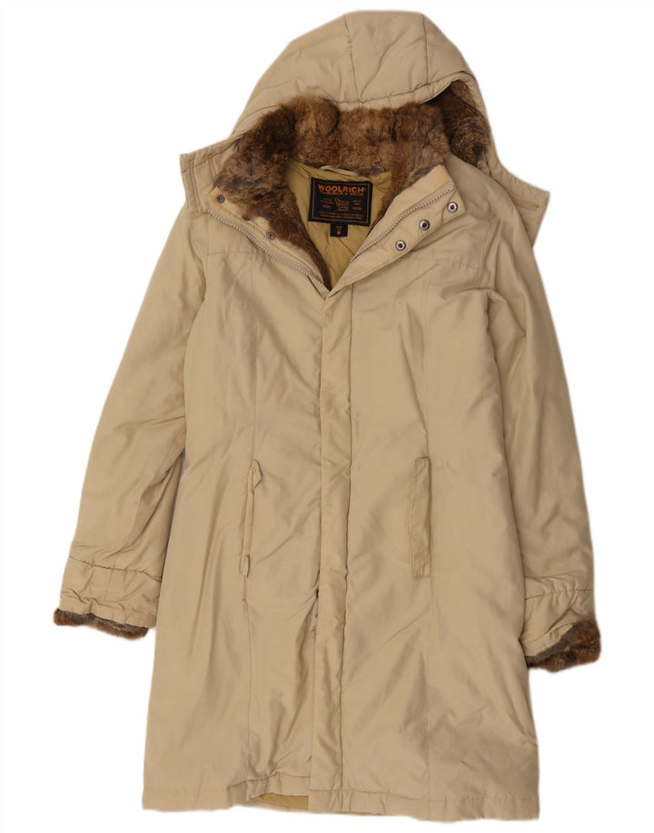 Casaco acolchoado com capuz feminino Woolrich Reino Unido 12 algodão bege médio