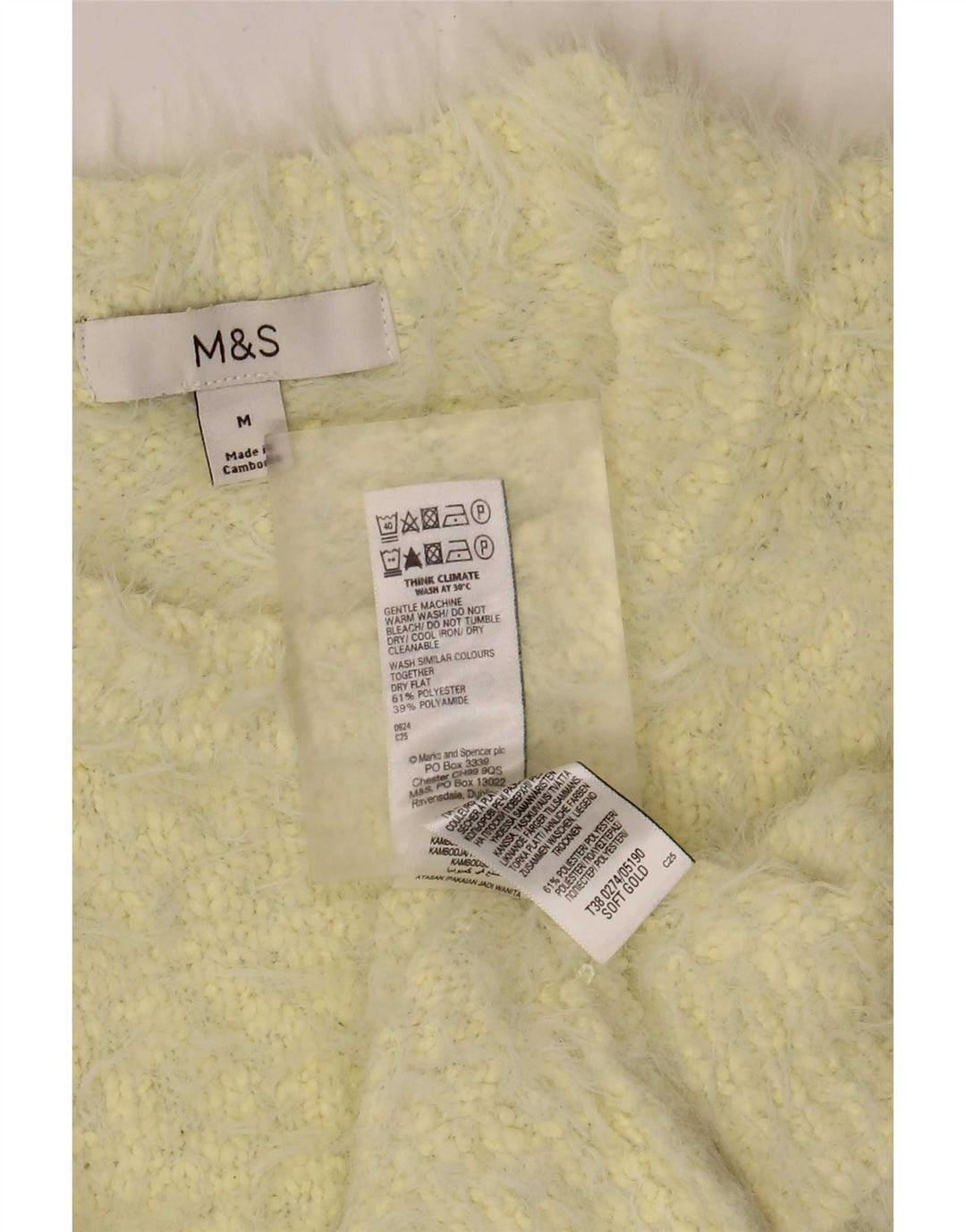 Suéter feminino Marks & Spencer com gola redonda Reino Unido 12 médio amarelo manchado