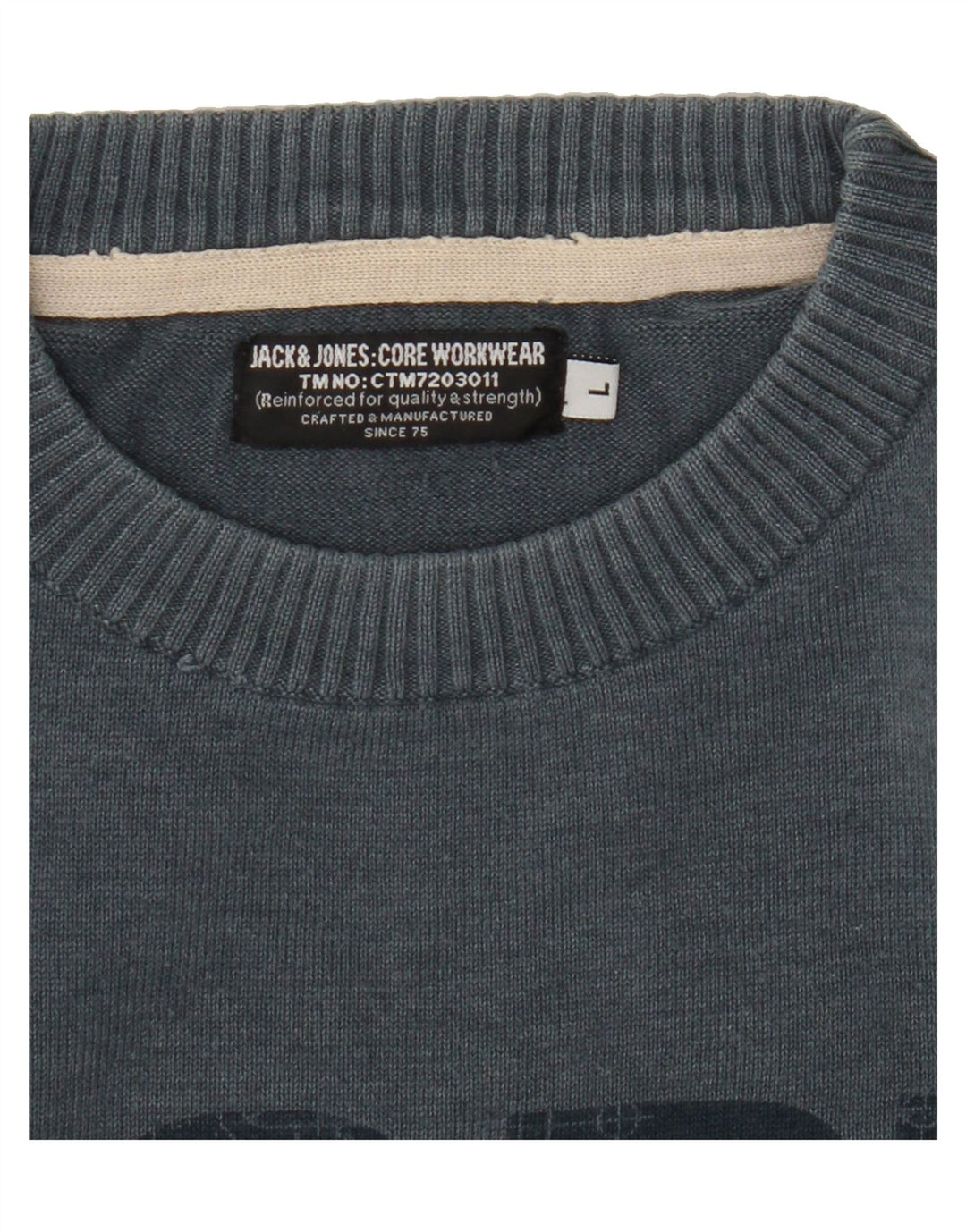 JACK & JONES Mens Graphic Crew Neck Jumper Sweater Large Navy Blue Cotton Vintage Jack & Jones and Second-Hand Jack & Jones from Messina Hembry 