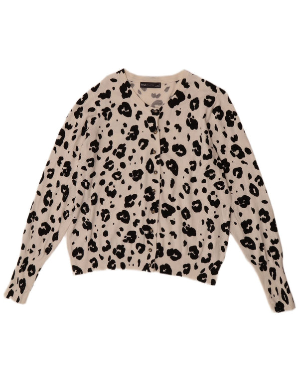 Suéter cardigã feminino Marks & Spencer Reino Unido 16 grande estampa animal branca