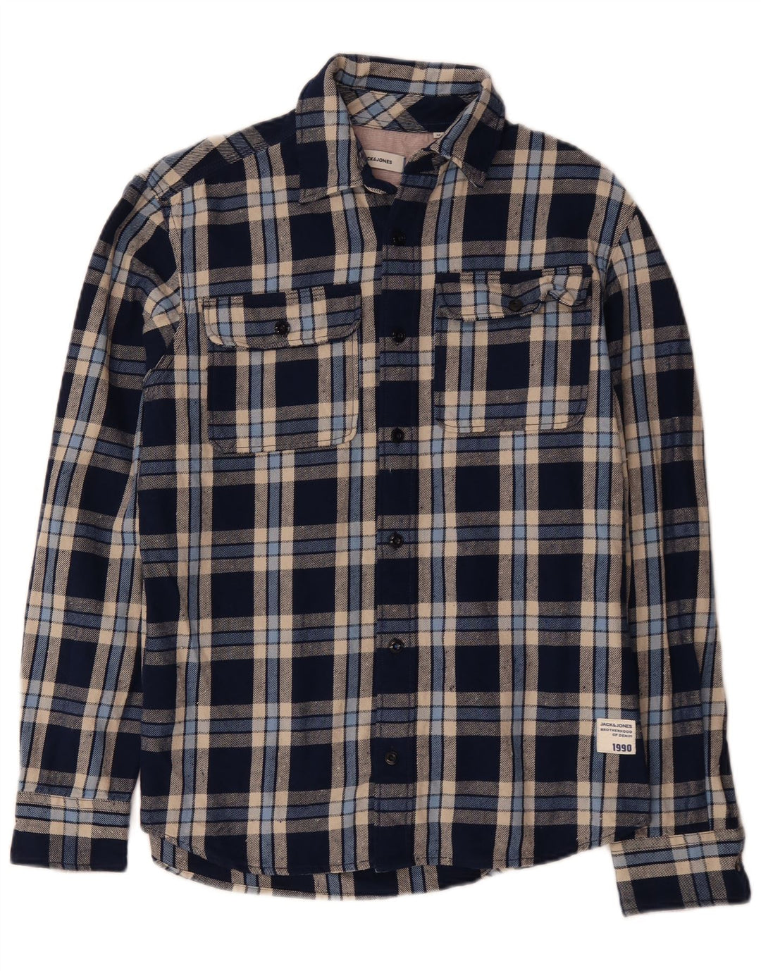 Camisa masculina de flanela JACK & JONES de algodão xadrez azul marinho médio