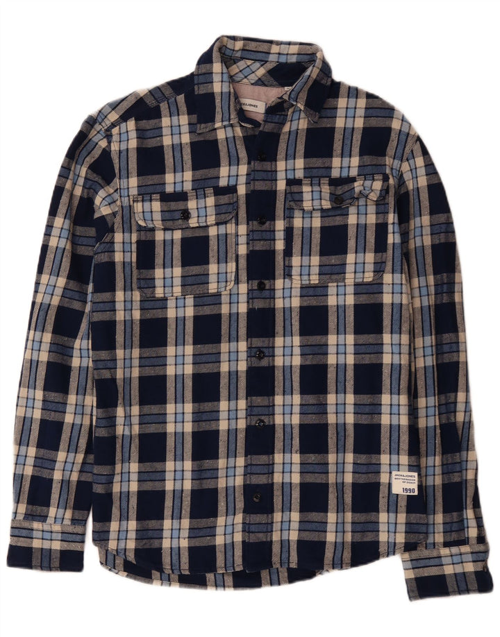 Camisa masculina de flanela JACK & JONES de algodão xadrez azul marinho médio