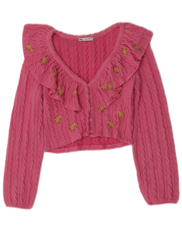 Suéter feminino Zara Crop Cardigan Reino Unido 8 pequeno poliéster floral rosa