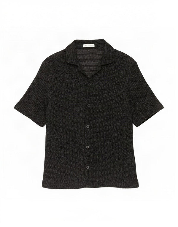 Zara Camisa masculina de manga curta de algodão manchado preto médio