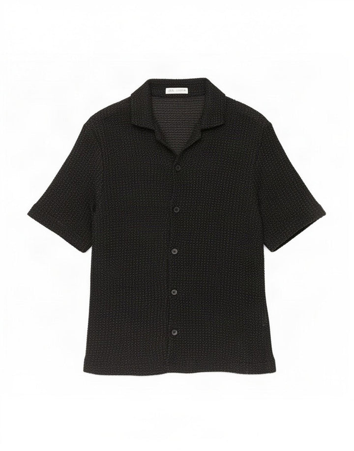 Zara Camisa masculina de manga curta de algodão manchado preto médio