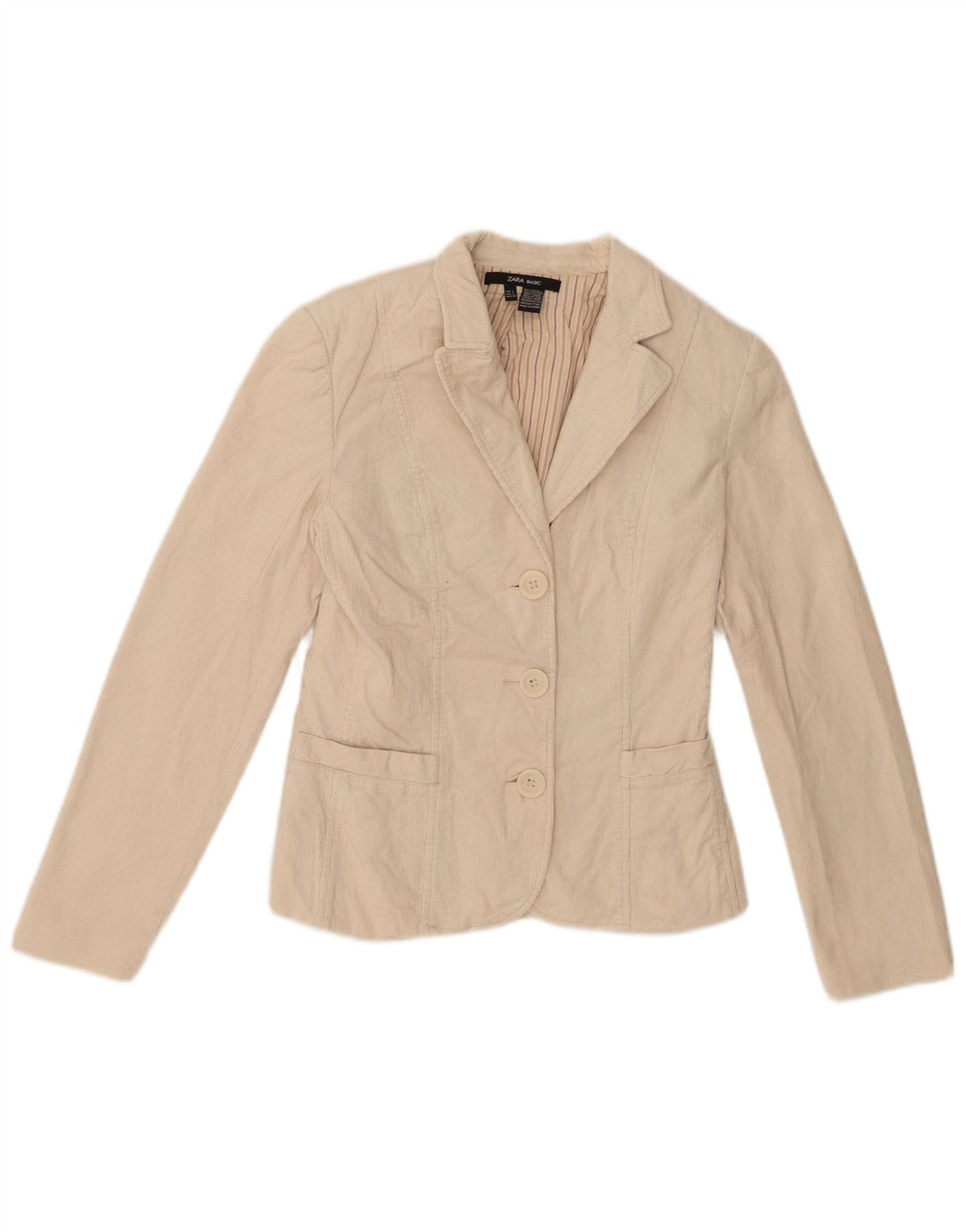 Zara Jaqueta blazer feminina de veludo cotelê com 3 botões Reino Unido 8 algodão bege pequeno