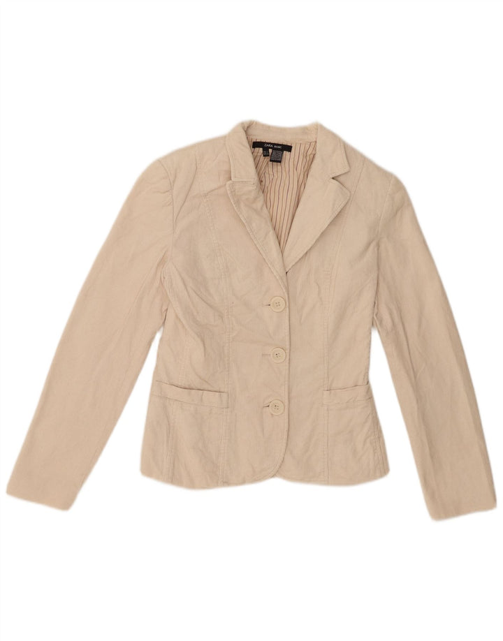 Zara Jaqueta blazer feminina de veludo cotelê com 3 botões Reino Unido 8 algodão bege pequeno