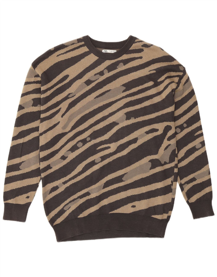 Zara Moletom Masculino Jumper Pequeno Algodão Listrado Marrom
