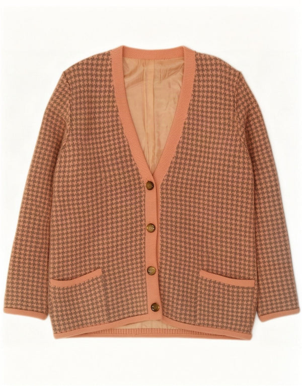 Suéter cardigã feminino vintage Reino Unido 18 XL rosa Houndstooth