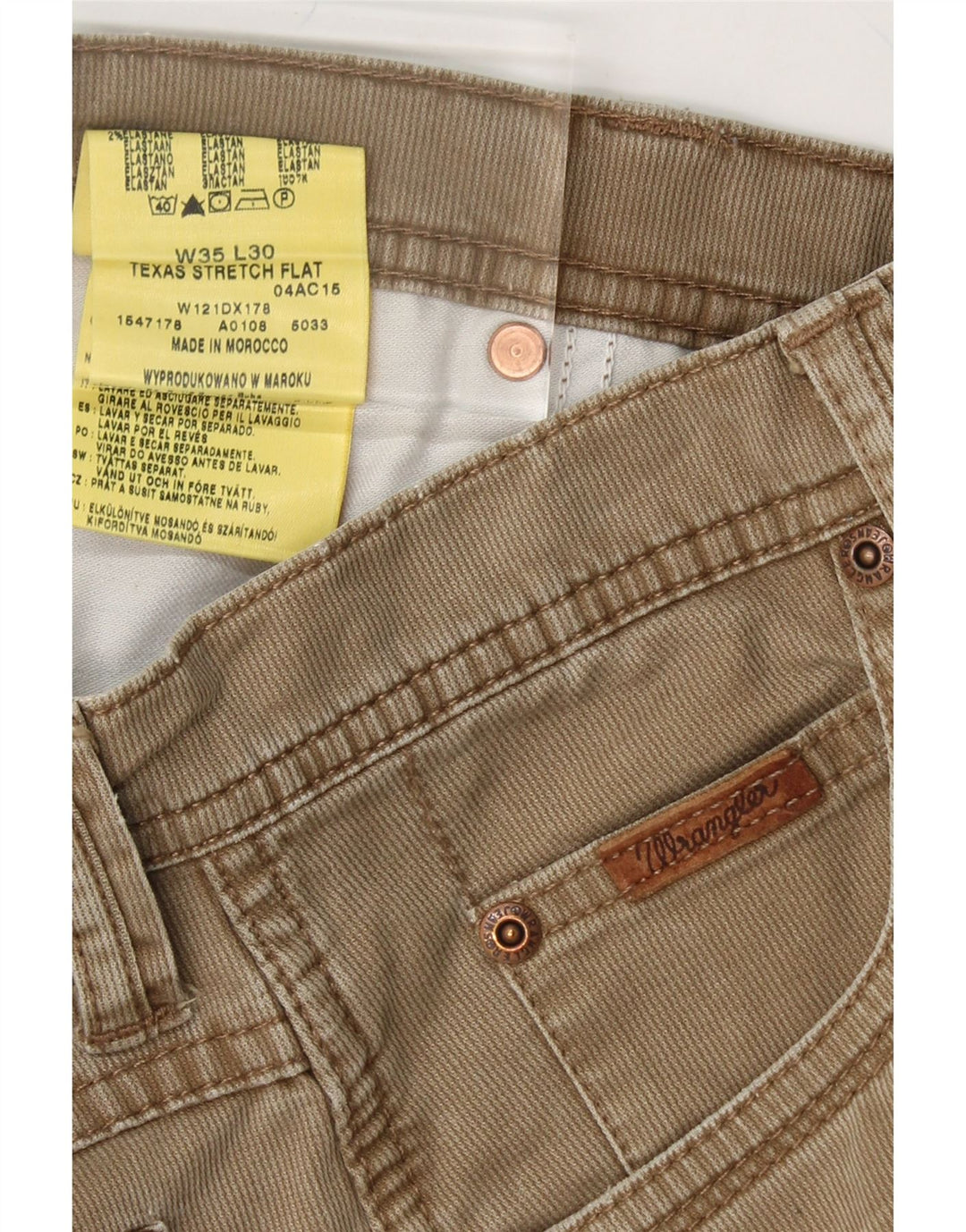 WRANGLER Mens Texas Stretch Straight Casual Trousers W35 L30 Brown Cotton Vintage Wrangler and Second-Hand Wrangler from Messina Hembry 