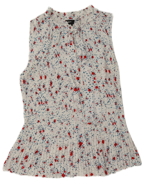 Blusa feminina Dkny sem mangas com gravata frontal UK 18 XL branco floral poliéster